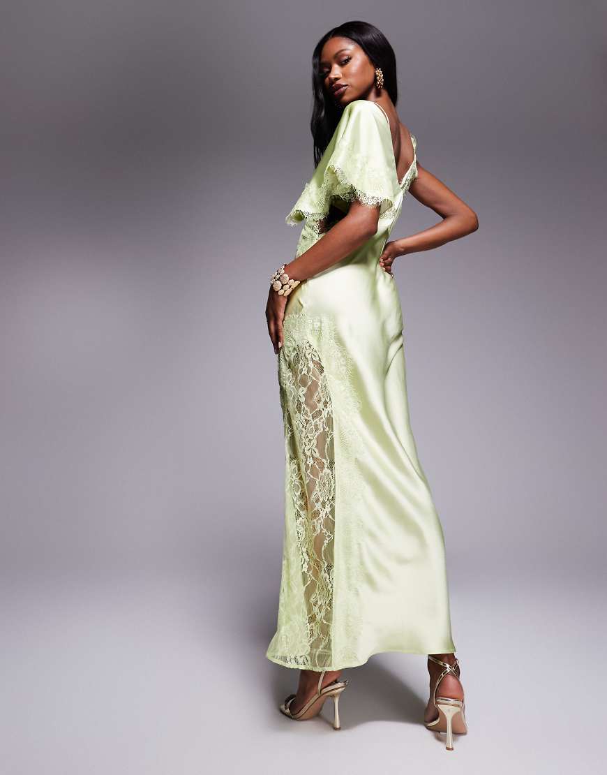 ASOS DESIGN - Satin-Maxikleid in Salbeigrün mit One-Shoulder-Ärmel und Spitzenborte von ASOS DESIGN