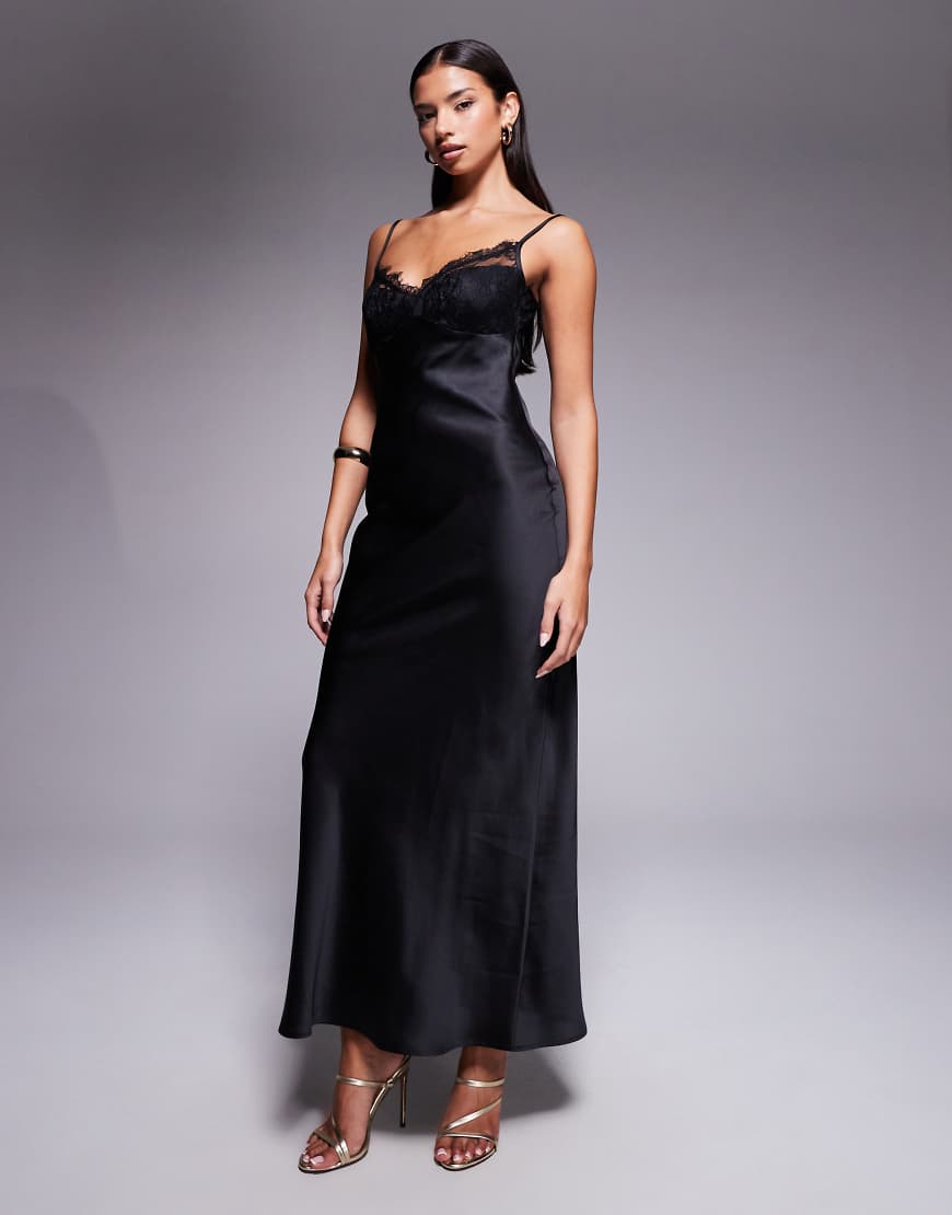 ASOS DESIGN - Satin-Maxikleid in Schwarz mit Körbchen aus Spitze und Rückenausschnitt von ASOS DESIGN
