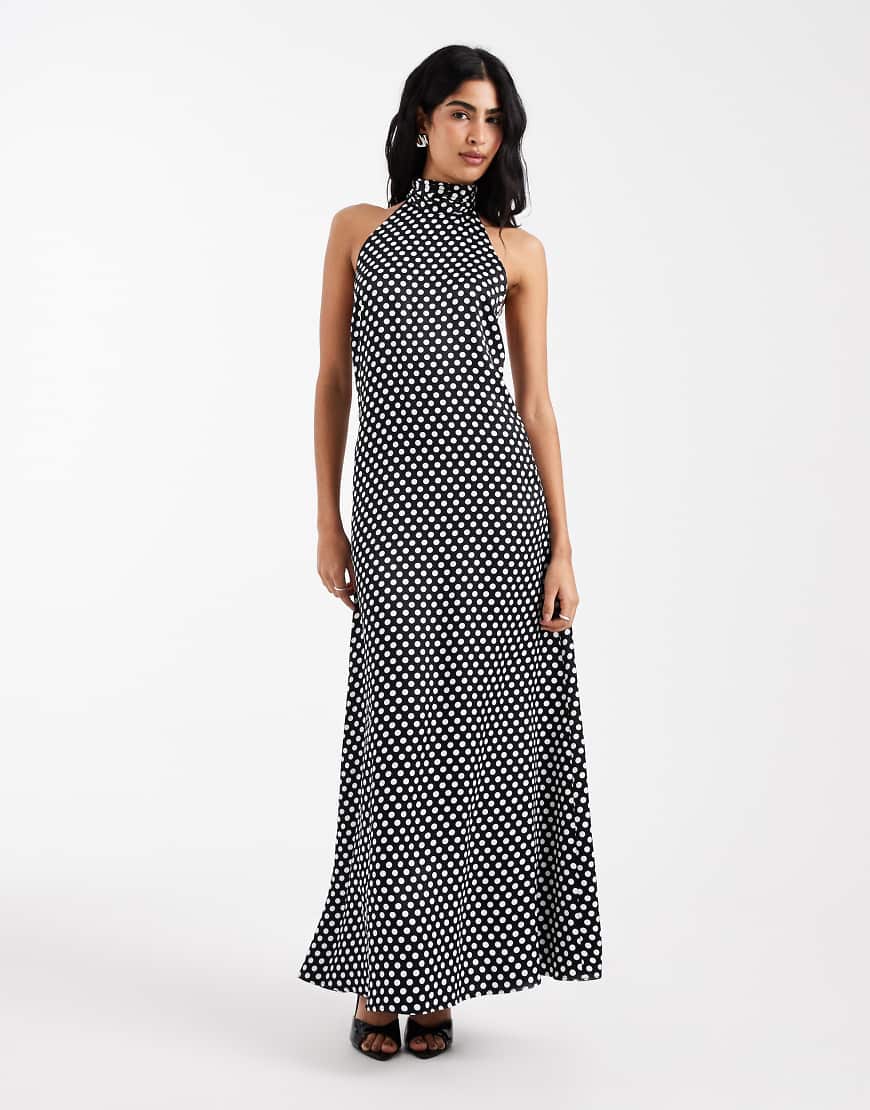 ASOS DESIGN - Satin-Maxikleid mit Polka Dots, Neckholder-Träger und tiefem Rückenausschnitt-Bunt von ASOS DESIGN