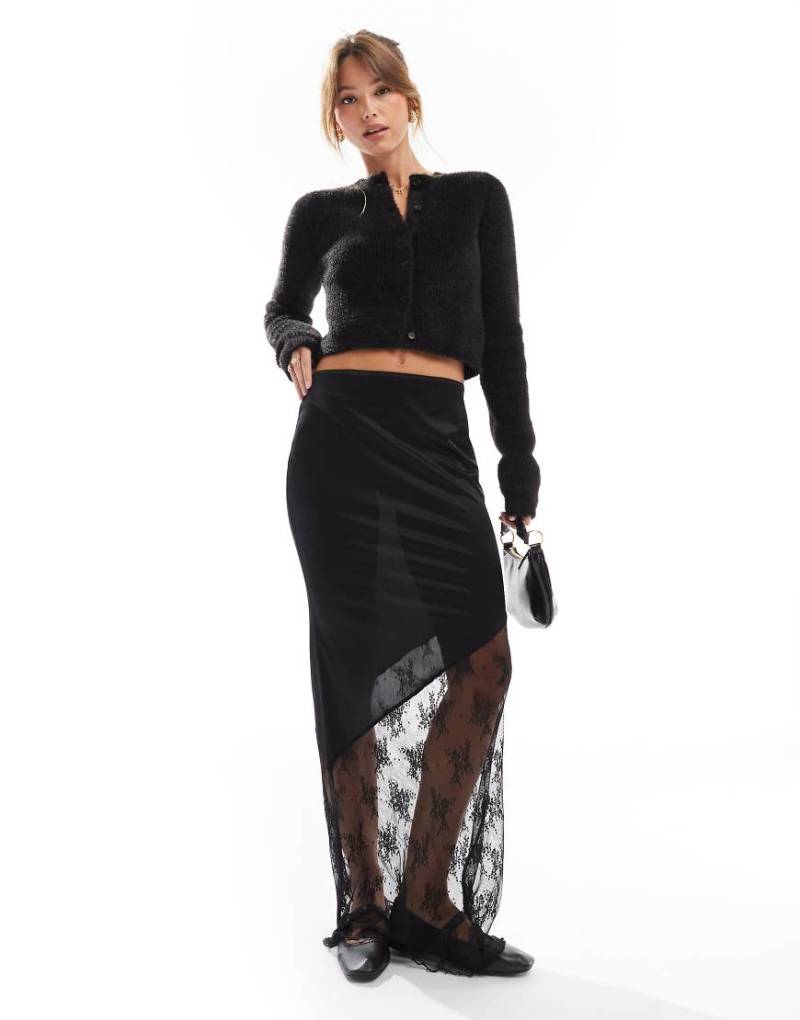 ASOS DESIGN - Satin-Maxirock in Schwarz mit Spitzeneinsatz von ASOS DESIGN
