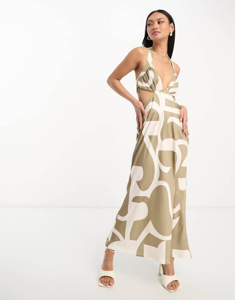 ASOS DESIGN - Satin-Midikleid in Braun mit geometrischem Print, tiefem Ausschnitt, Cut-Out in der Taille und Neckholder-Träger-Bunt von ASOS DESIGN