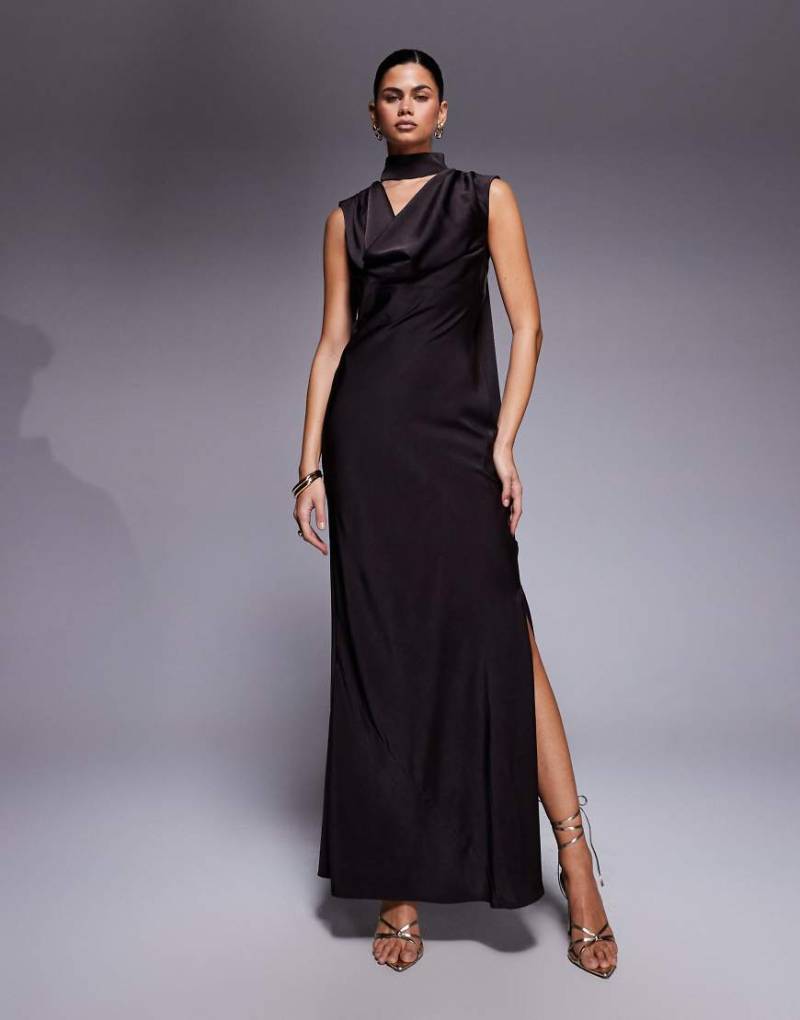ASOS DESIGN - Satin-Midikleid in dunklem Schokobraun mit Wasserfallausschnitt, gebundenem Schaldetail und verdrehtem Rückenelement-Brown von ASOS DESIGN