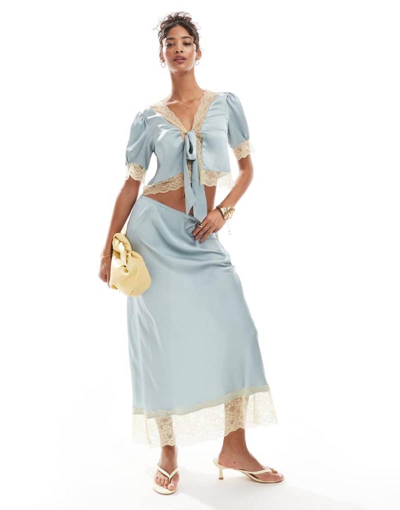 ASOS DESIGN - Satin-Midirock in Blau mit Spitzensaum, Kombiteil-Grün von ASOS DESIGN