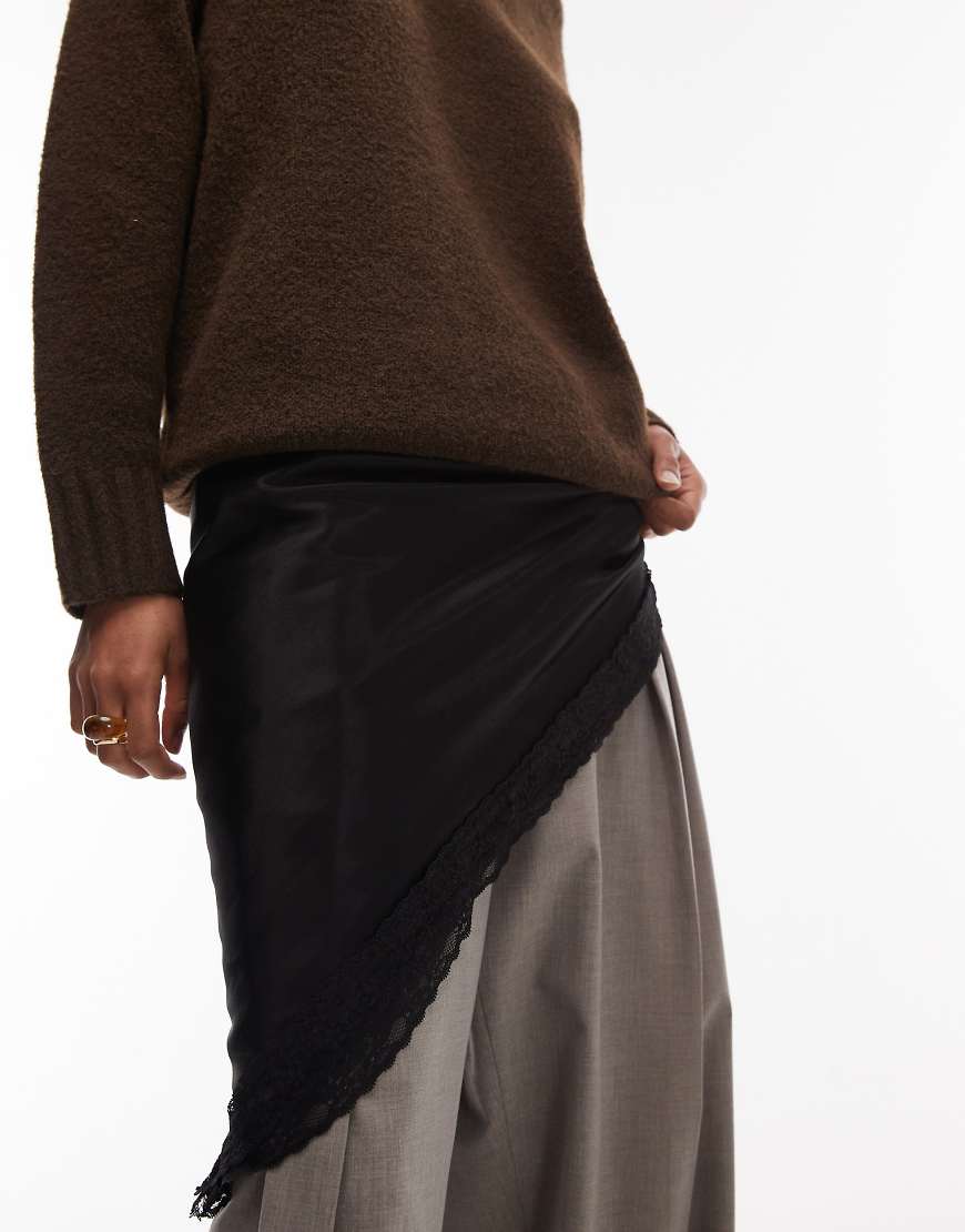 ASOS DESIGN - Satin-Schal in Schwarz mit Spitzenborte von ASOS DESIGN