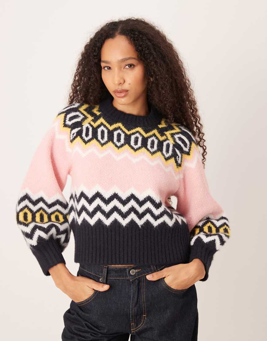 ASOS DESIGN - Schlicht strukturierter Pullover in Marineblau mit Fair-Isle-Muster und Rundhalsausschnitt von ASOS DESIGN