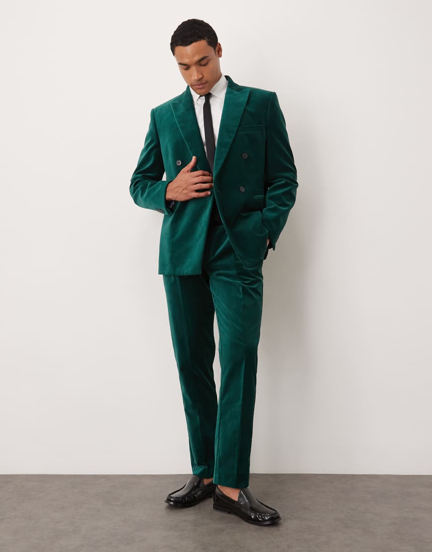 ASOS DESIGN - Schmal geschnittene Anzughose aus Baumwollsamt mit Bundfalten-Grün von ASOS DESIGN