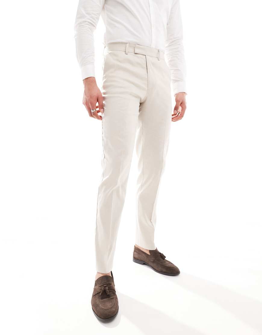 ASOS DESIGN - Schmal geschnittene Anzughose aus Leinenmix in Steinbeige-Neutral von ASOS DESIGN