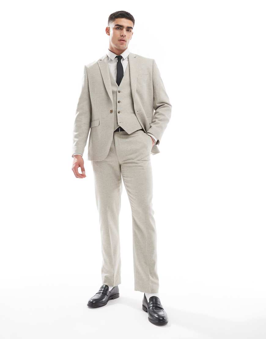 ASOS DESIGN - Schmal geschnittene Anzughose aus Tweed mit Wollanteil in Steinbeige-Neutral von ASOS DESIGN