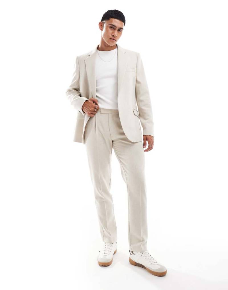 ASOS DESIGN - Schmal geschnittene Anzughose aus Wollmischung in Steinbeige mit Fischgrätmuster-Neutral von ASOS DESIGN