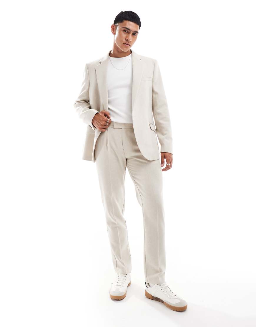 ASOS DESIGN - Schmal geschnittene Anzughose aus Wollmischung in Steinbeige mit Fischgrätmuster-Neutral von ASOS DESIGN