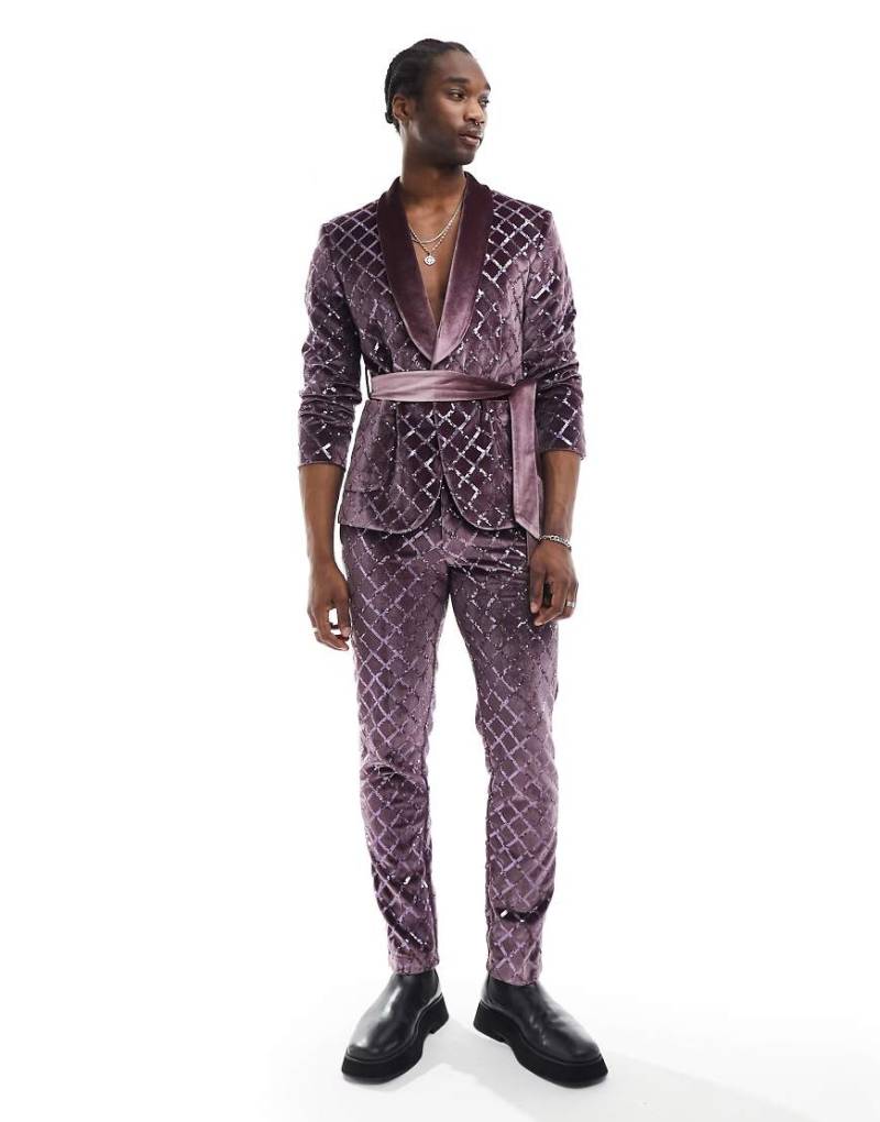 ASOS DESIGN - Schmal geschnittene Anzughose in Flieder mit rautenförmigem Paillettenbesatz-Lila von ASOS DESIGN