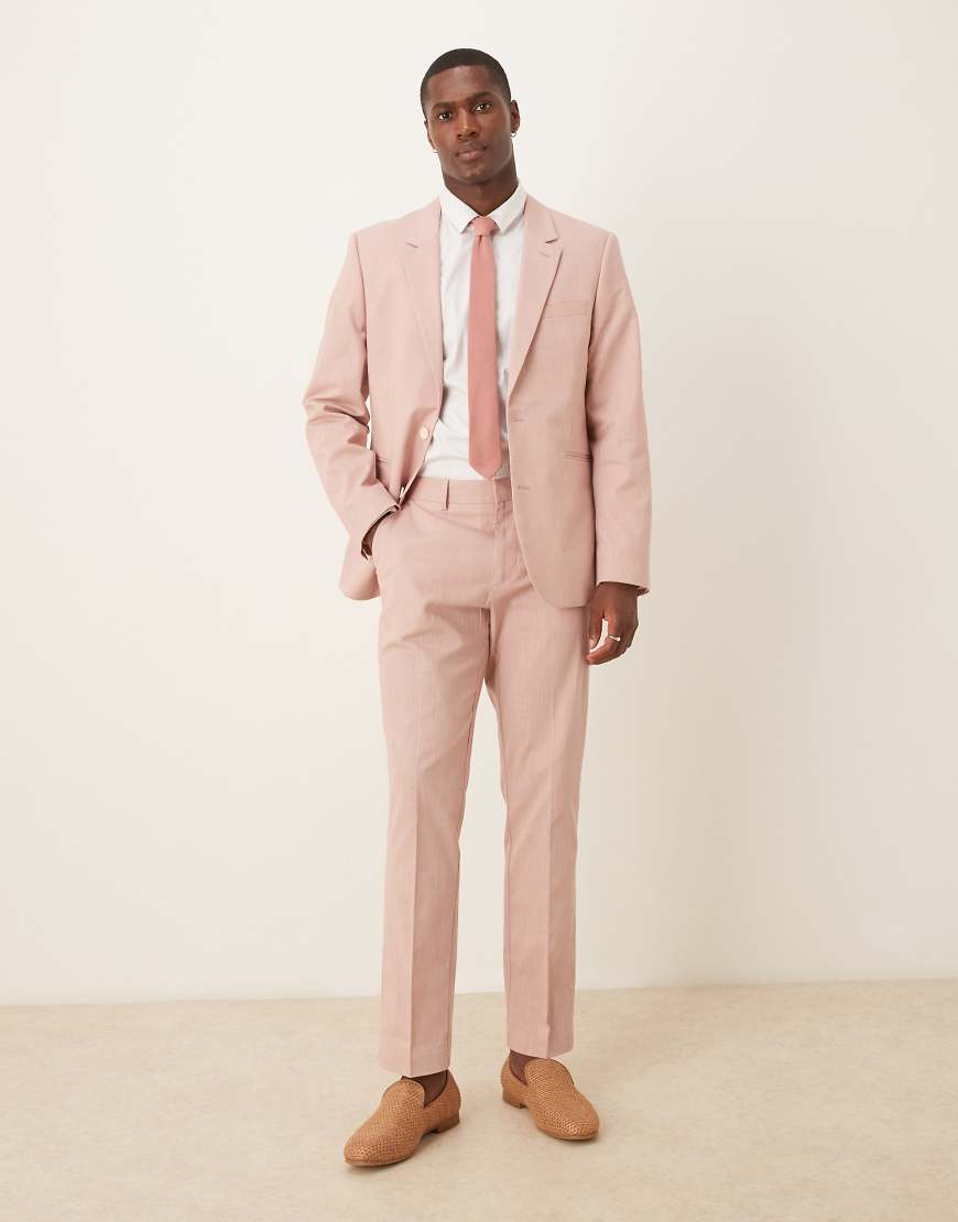 ASOS DESIGN - Schmal geschnittene Anzughose in rosa Leinenoptik mit Bundfalten von ASOS DESIGN