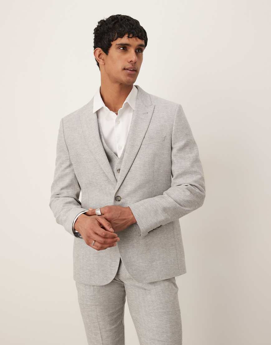ASOS DESIGN - Schmal geschnittene Anzugjacke aus Leinen-Baumwollmix in Grau mit Fischgrätmuster ASOS DESIGN - Schmal geschnittene Anzugjacke aus Leinen-Baumwollmix in Grau mit Fischgrätmuster von ASOS DESIGN