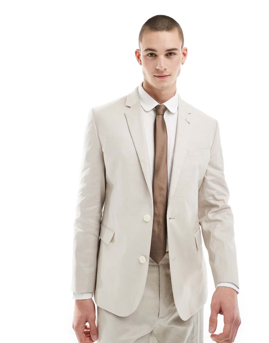 ASOS DESIGN - Schmal geschnittene Anzugjacke aus Leinen in Stein-Neutral von ASOS DESIGN