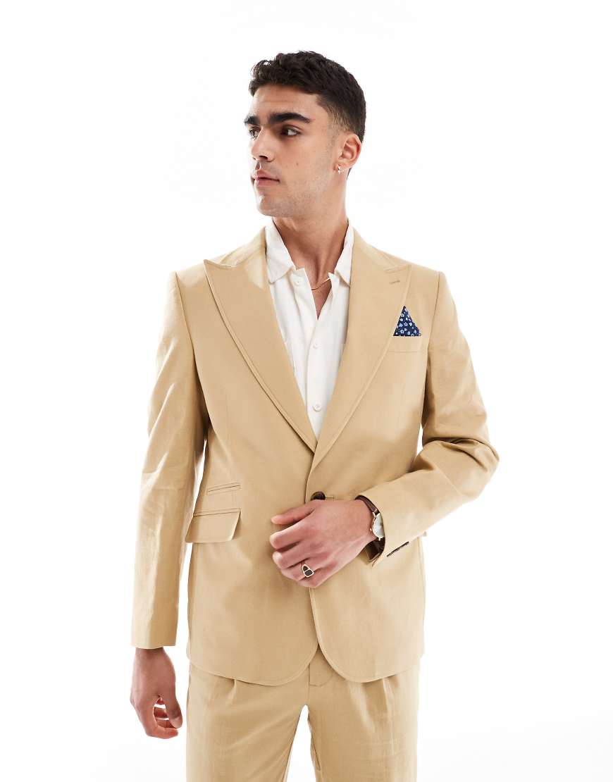 ASOS DESIGN - Schmal geschnittene Anzugjacke aus Leinenmix in Beige-Neutral von ASOS DESIGN