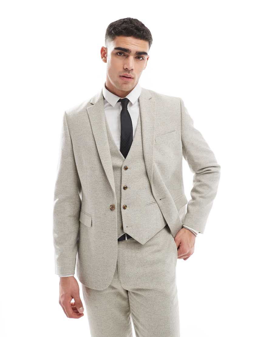ASOS DESIGN - Schmal geschnittene Anzugjacke aus Tweed mit Wollanteil in Steinbeige-Neutral von ASOS DESIGN