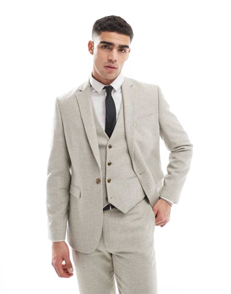 ASOS DESIGN - Schmal geschnittene Anzugjacke aus Tweed mit Wollanteil in Steinbeige-Neutral von ASOS DESIGN