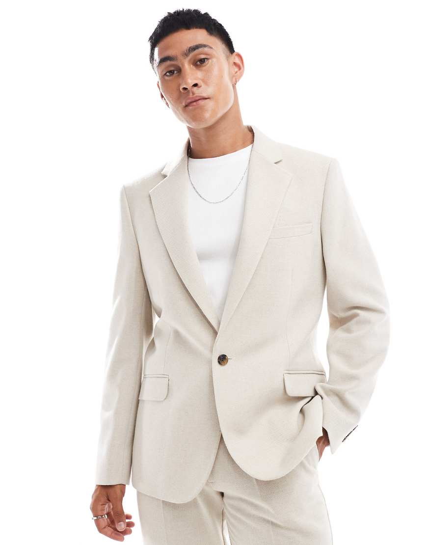 ASOS DESIGN - Schmal geschnittene Anzugjacke aus Wollmischung in Steinbeige mit Fischgrätmuster-Neutral von ASOS DESIGN