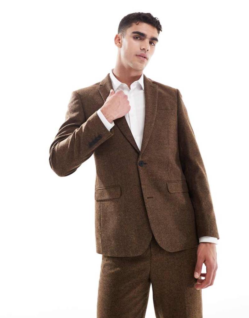 ASOS DESIGN - Schmal geschnittene Anzugjacke aus Wollmix in Dunkelbraun von ASOS DESIGN