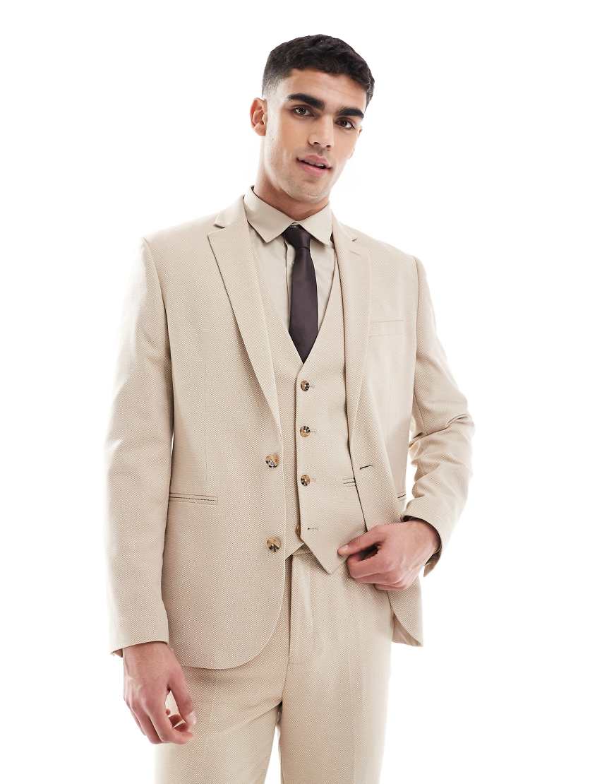 ASOS DESIGN - Schmal geschnittene Anzugjacke aus strukturiertem Stoff in Steinbeige-Neutral von ASOS DESIGN