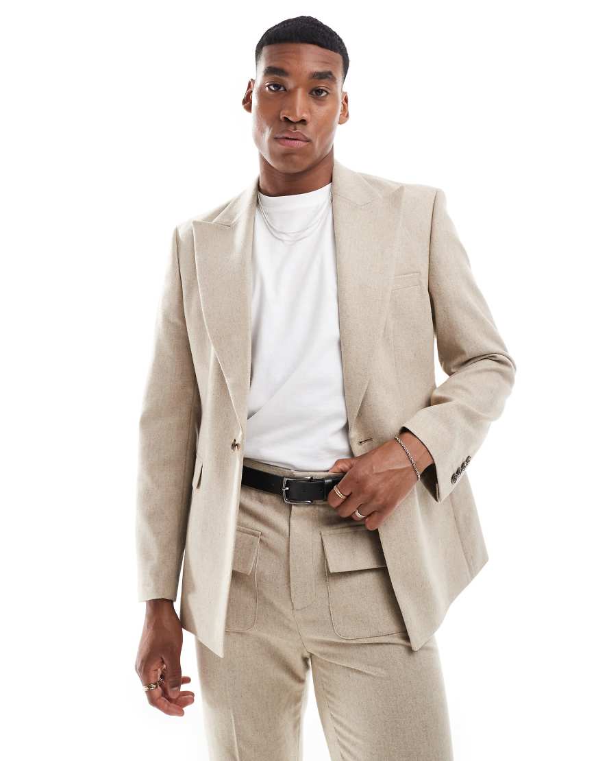 ASOS DESIGN - Schmal geschnittene Anzugjacke in Beige mit Wollanteil und Reverskragen im 70er-Stil-Neutral von ASOS DESIGN