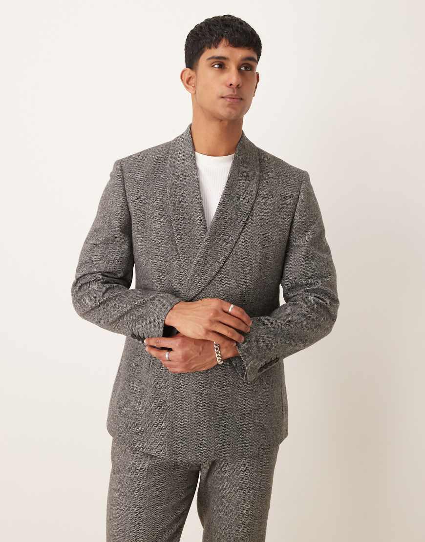 ASOS DESIGN - Schmal geschnittene Anzugjacke in Grau mit Fischgrätmuster und tiefem Umschlag ASOS DESIGN - Schmal geschnittene Anzugjacke in Grau mit Fischgrätmuster und tiefem Umschlag von ASOS DESIGN
