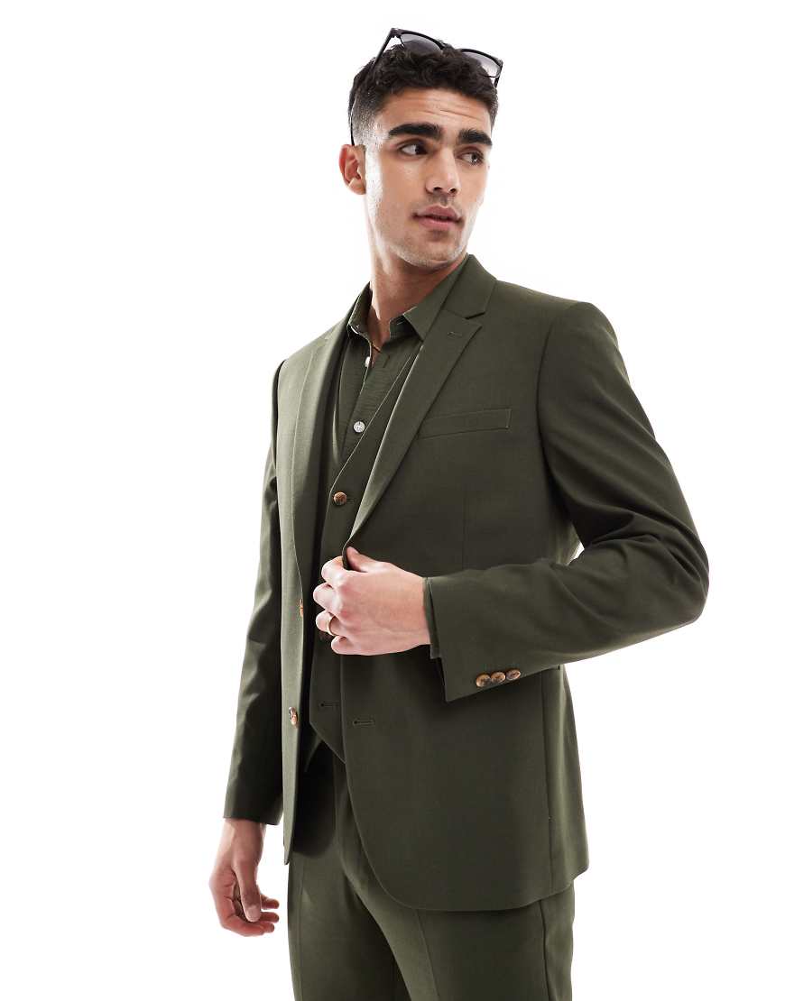 ASOS DESIGN - Schmal geschnittene Anzugjacke in Olivgrün ASOS DESIGN - Schmal geschnittene Anzugjacke in Olivgrün von ASOS DESIGN