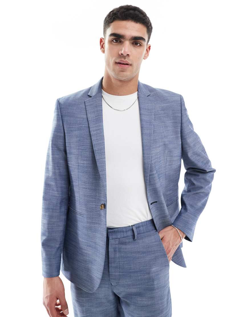 ASOS DESIGN - Schmal geschnittene Anzugjacke in blauer Leinenoptik ASOS DESIGN - Schmal geschnittene Anzugjacke in blauer Leinenoptik von ASOS DESIGN