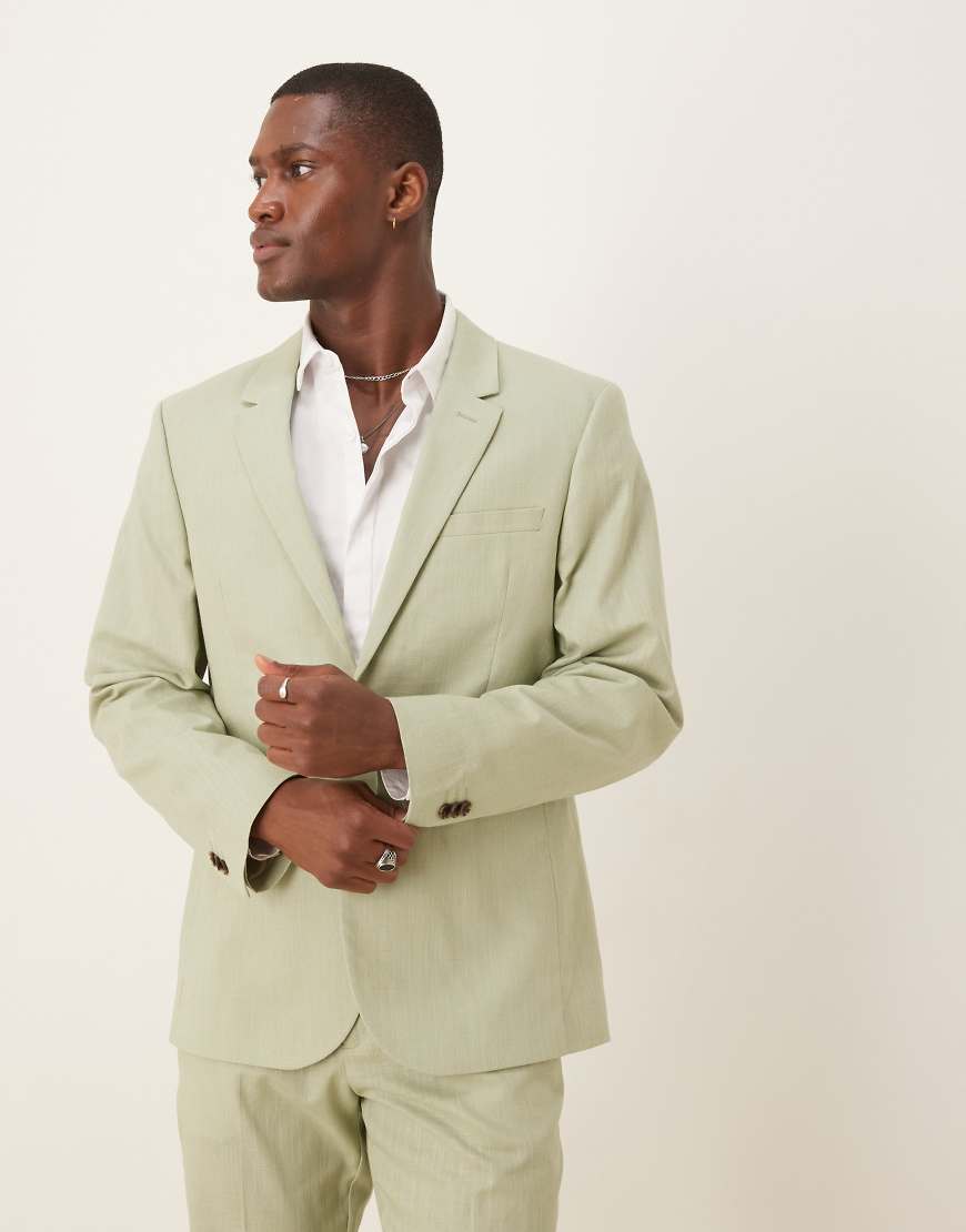 ASOS DESIGN - Schmal geschnittene Anzugjacke in grüner Leinenoptik ASOS DESIGN - Schmal geschnittene Anzugjacke in grüner Leinenoptik von ASOS DESIGN