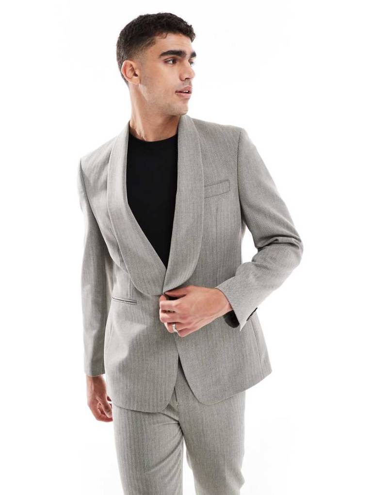 ASOS DESIGN - Schmal geschnittene Anzugjacke mit Leinenanteil in Grau, Fischgrätmuster und Schaldetail von ASOS DESIGN