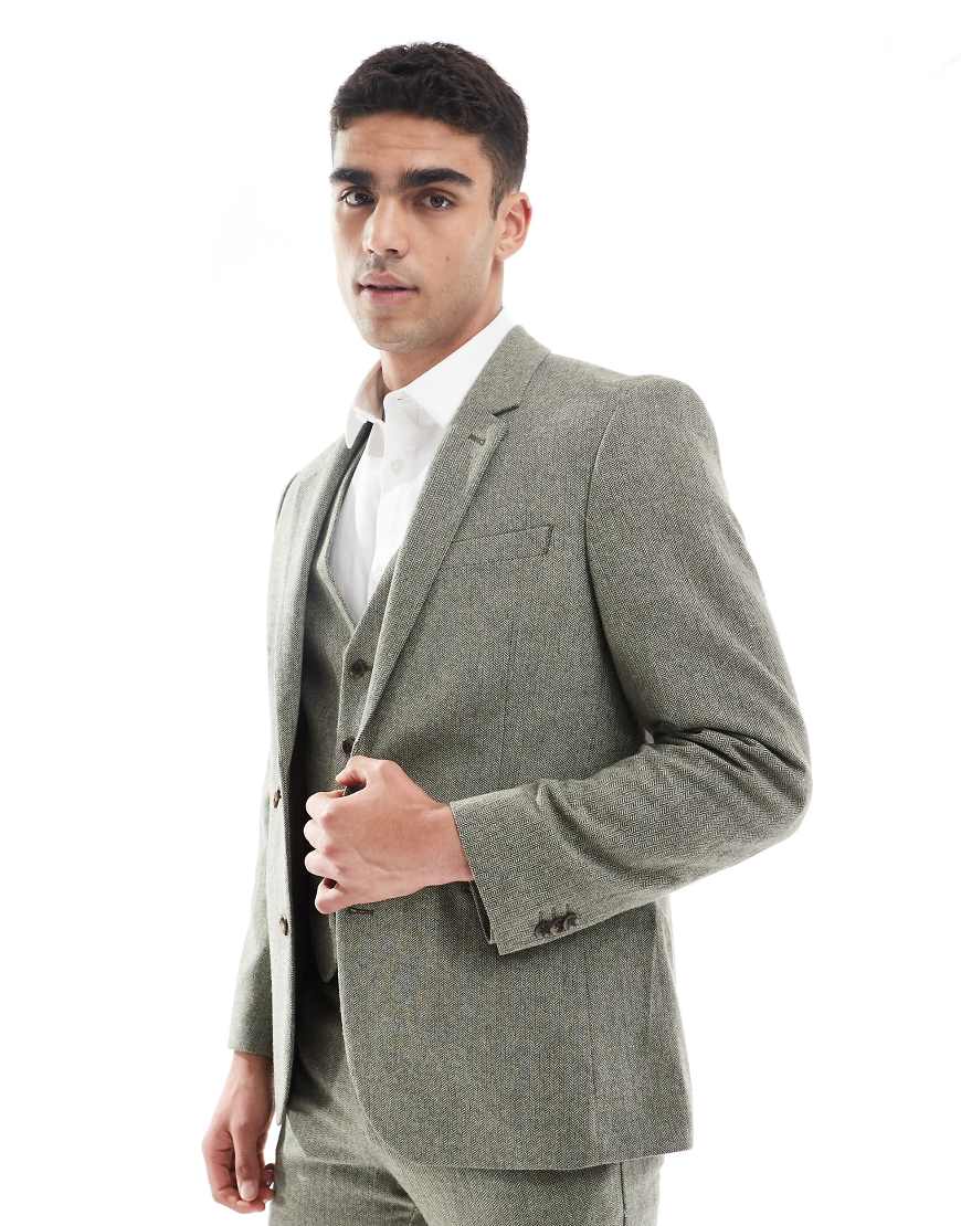 ASOS DESIGN - Schmal geschnittene Anzugjacke mit hohem Wollanteil in Grün mit Fischgrätmuster ASOS DESIGN - Schmal geschnittene Anzugjacke mit hohem Wollanteil in Grün mit Fischgrätmuster von ASOS DESIGN