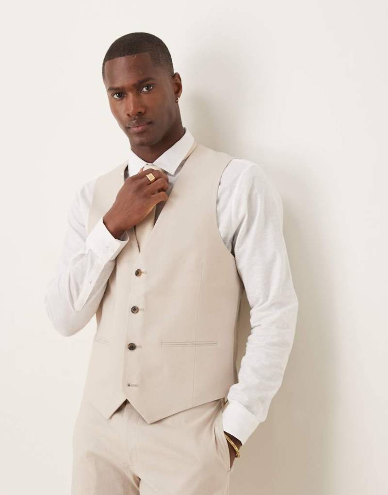 ASOS DESIGN - Schmal geschnittene Anzugweste aus Leinen in Stein-Neutral von ASOS DESIGN
