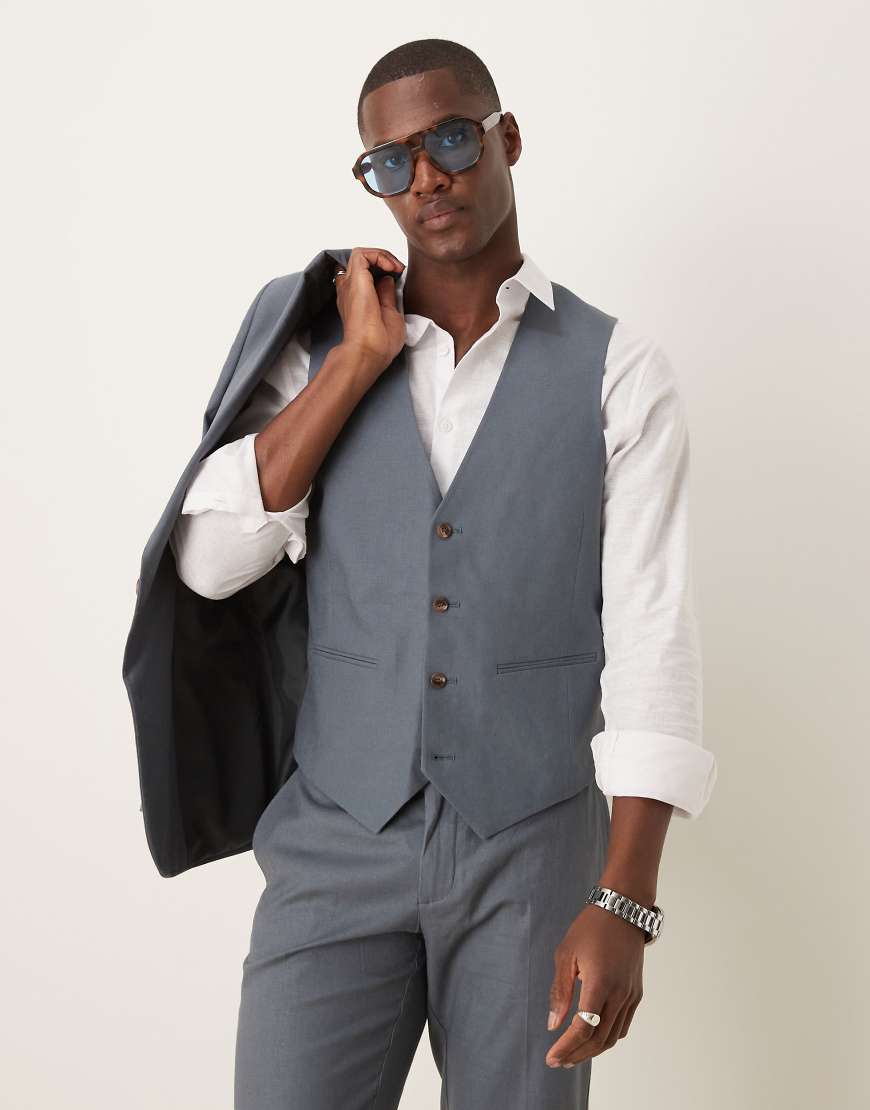 ASOS DESIGN - Schmal geschnittene Anzugweste aus Leinenmix in Blau von ASOS DESIGN