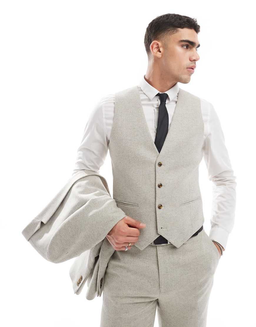 ASOS DESIGN - Schmal geschnittene Anzugweste aus Tweed mit Wollanteil in Steinbeige-Neutral ASOS DESIGN - Schmal geschnittene Anzugweste aus Tweed mit Wollanteil in Steinbeige-Neutral von ASOS DESIGN