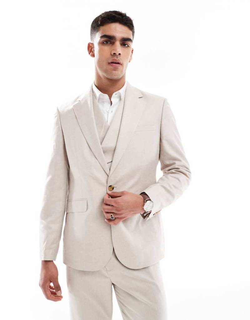 ASOS DESIGN - Schmal geschnittene Anzugweste aus Twill mit Leinenanteil in Steinbeige-Neutral von ASOS DESIGN