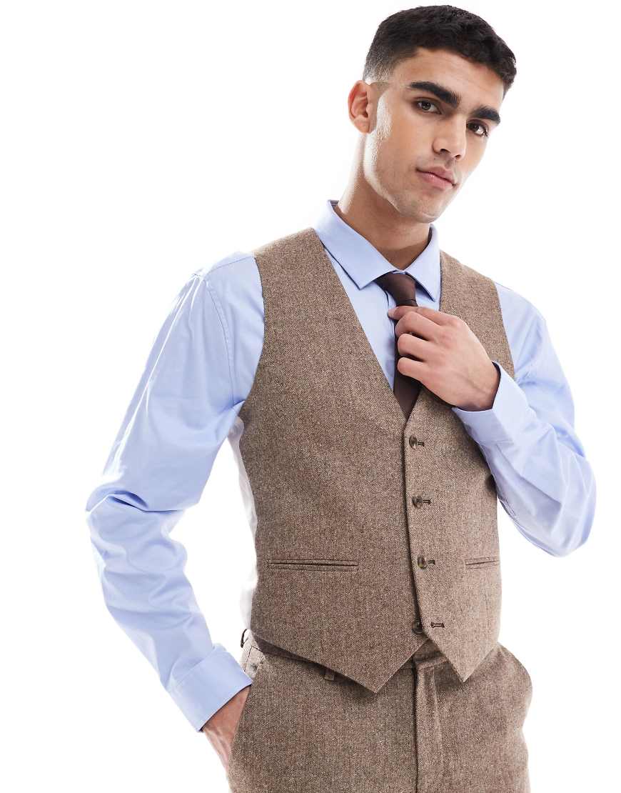 ASOS DESIGN - Schmal geschnittene Anzugweste aus Wollmix in Beige-Neutral von ASOS DESIGN