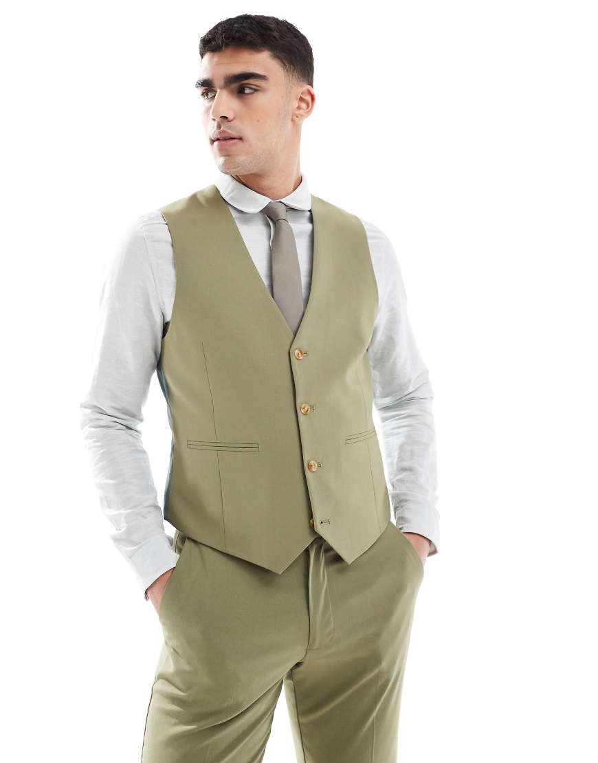 ASOS DESIGN - Schmal geschnittene Anzugweste in Olivgrün ASOS DESIGN - Schmal geschnittene Anzugweste in Olivgrün von ASOS DESIGN