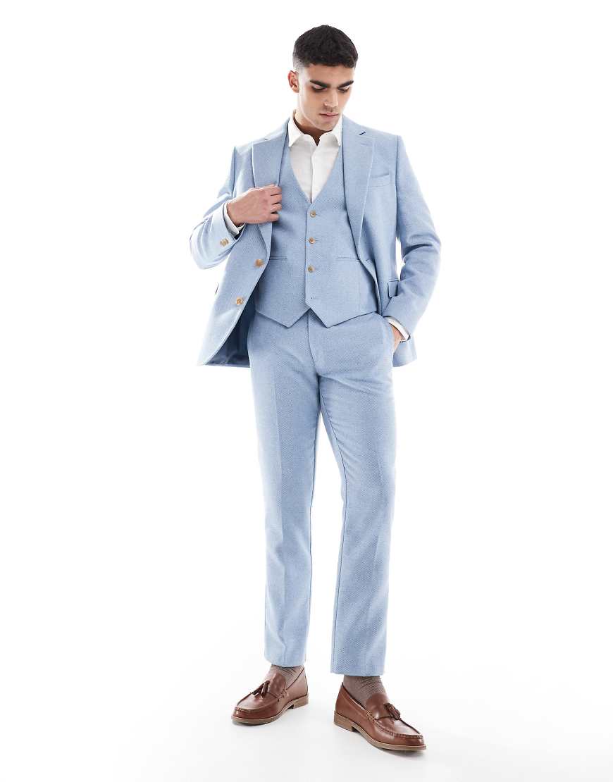 ASOS DESIGN - Schmal geschnittene Wollmix-Anzughose in Blau mit Bindungsmuster ASOS DESIGN - Schmal geschnittene Wollmix-Anzughose in Blau mit Bindungsmuster von ASOS DESIGN