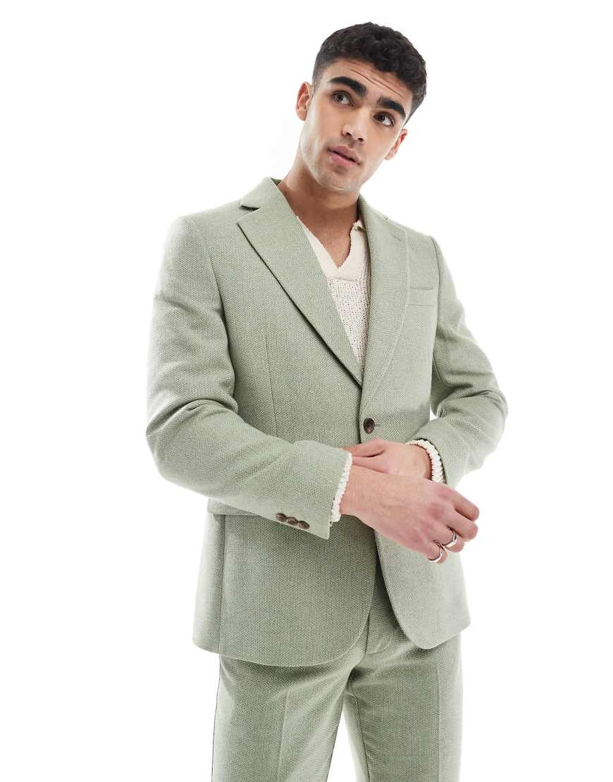 ASOS DESIGN - Schmal geschnittene Wollmix-Anzugjacke in Grün mit Bindungsmuster ASOS DESIGN - Schmal geschnittene Wollmix-Anzugjacke in Grün mit Bindungsmuster von ASOS DESIGN