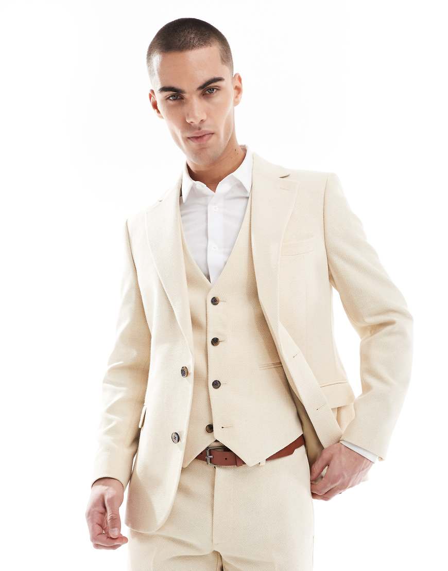 ASOS DESIGN - Schmal geschnittene Wollmix-Anzugjacke in Steingrau mit Bindungsmuster-Neutral von ASOS DESIGN