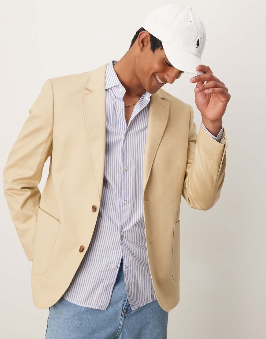 ASOS DESIGN - Schmal geschnittener Blazer aus Baumwoll-Leinenmix in Steinbeige-Neutral von ASOS DESIGN
