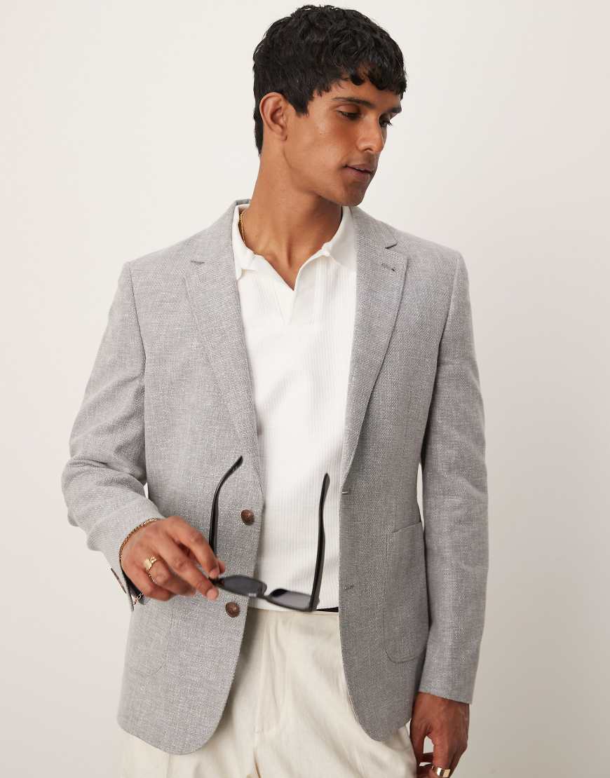 ASOS DESIGN - Schmal geschnittener Blazer aus Leinenmix in Grau von ASOS DESIGN