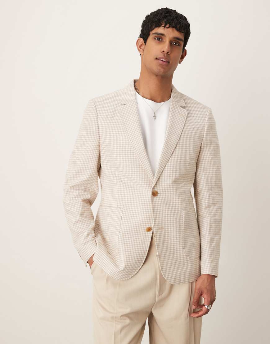 ASOS DESIGN - Schmal geschnittener Blazer aus Leinenmix mit Vichykaros in Steinbeige-Neutral von ASOS DESIGN
