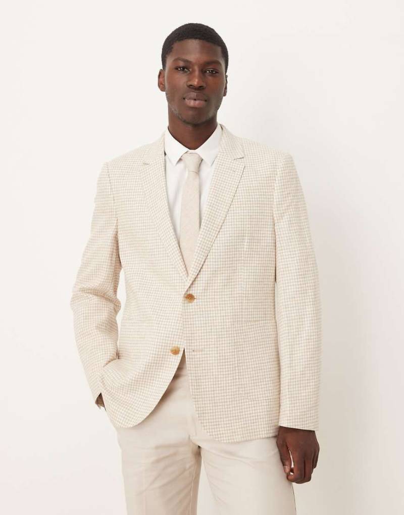 ASOS DESIGN - Schmal geschnittener Blazer aus Leinenmix mit Vichykaros in Steinbeige-Neutral von ASOS DESIGN