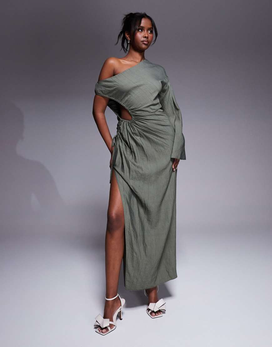 ASOS DESIGN - Schmal geschnittenes Maxikleid in Khaki mit Cut-out-Design und Drapierung-Grün von ASOS DESIGN