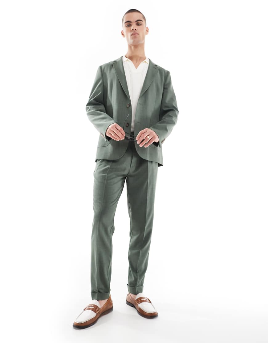 ASOS DESIGN - Schmal zulaufende, sommerliche Anzughose in Grün mit Kreuzschraffurmuster und Saumaufschlag von ASOS DESIGN