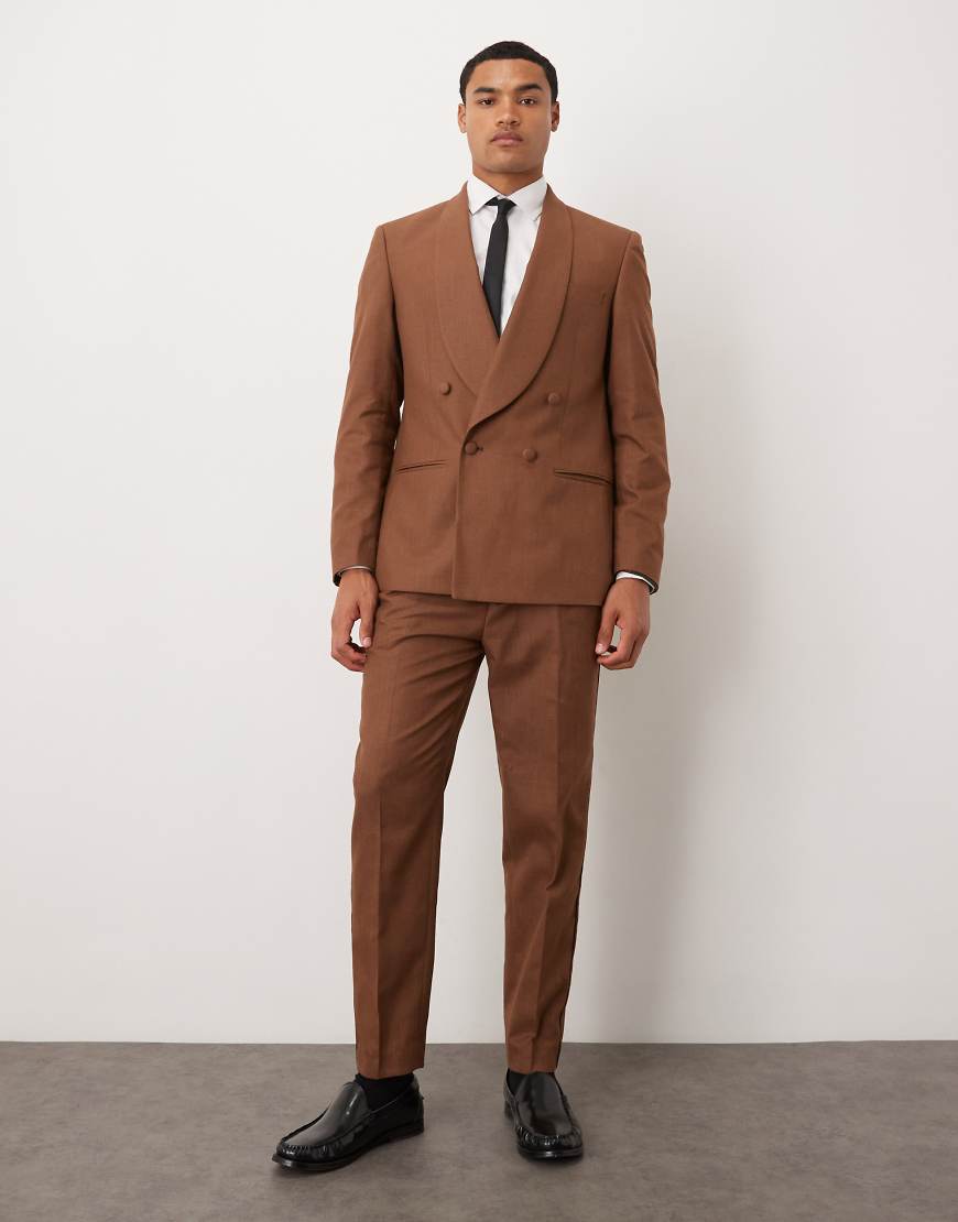 ASOS DESIGN - Schmal zulaufende Anzughose aus Baumwoll-Leinenmix in Braun von ASOS DESIGN