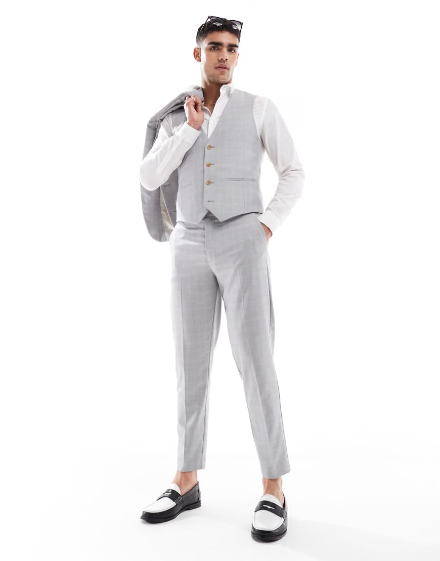 ASOS DESIGN - Schmal zulaufende Anzughose aus Leinenmix in Grau mit farblich abgestimmtem Karomuster ASOS DESIGN - Schmal zulaufende Anzughose aus Leinenmix in Grau mit farblich abgestimmtem Karomuster von ASOS DESIGN