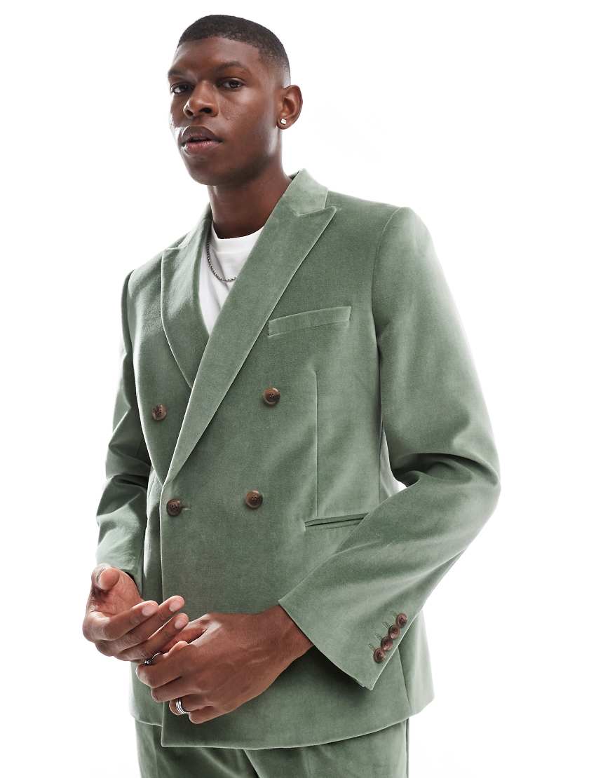 ASOS DESIGN - Schmale, zweireihige Anzugjacke aus Baumwollsamt in Salbeigrün von ASOS DESIGN