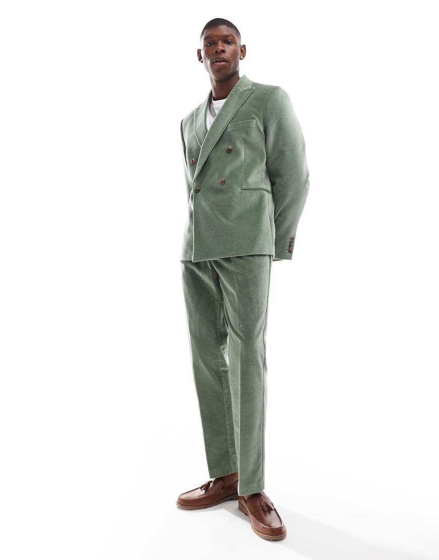 ASOS DESIGN - Schmale Anzughose aus Baumwollsamt in Salbeigrün mit Bundfalten von ASOS DESIGN